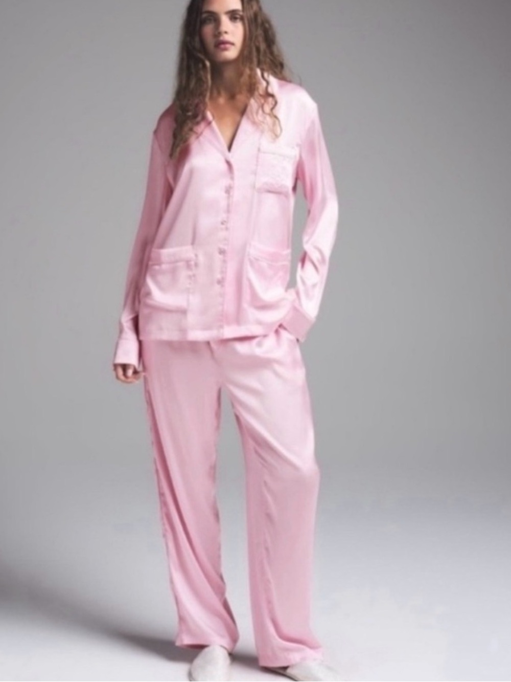 Skims RARE hotel skims shine long sleeve button up  sleep set 
Color baby pink